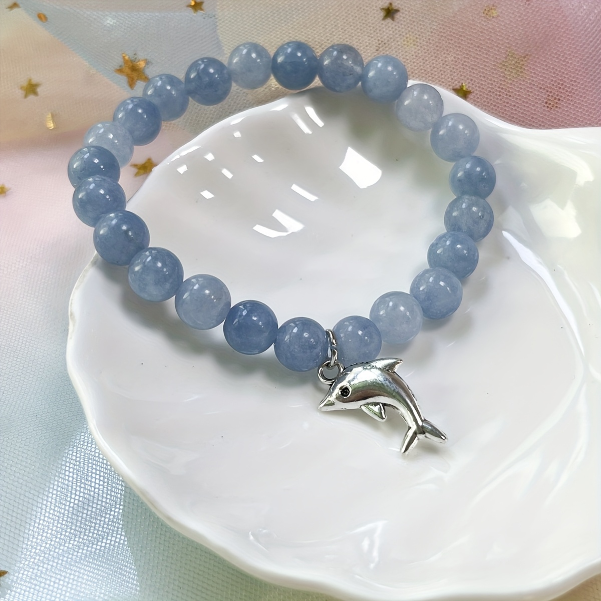Ocean Themed Natural Aquamarine Dolphin Pendant Bracelet